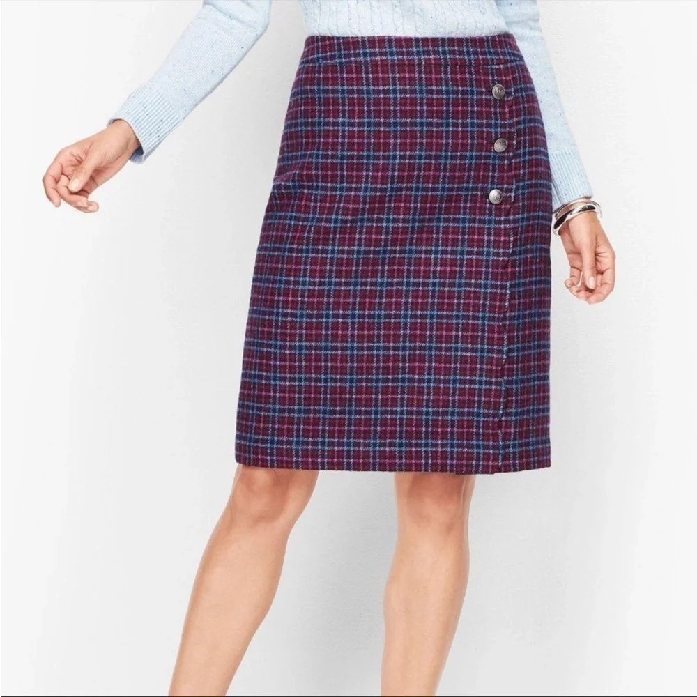 NEW Talbots Plaid Wrap A Line Wool Skirt Red Blue Pink size 10